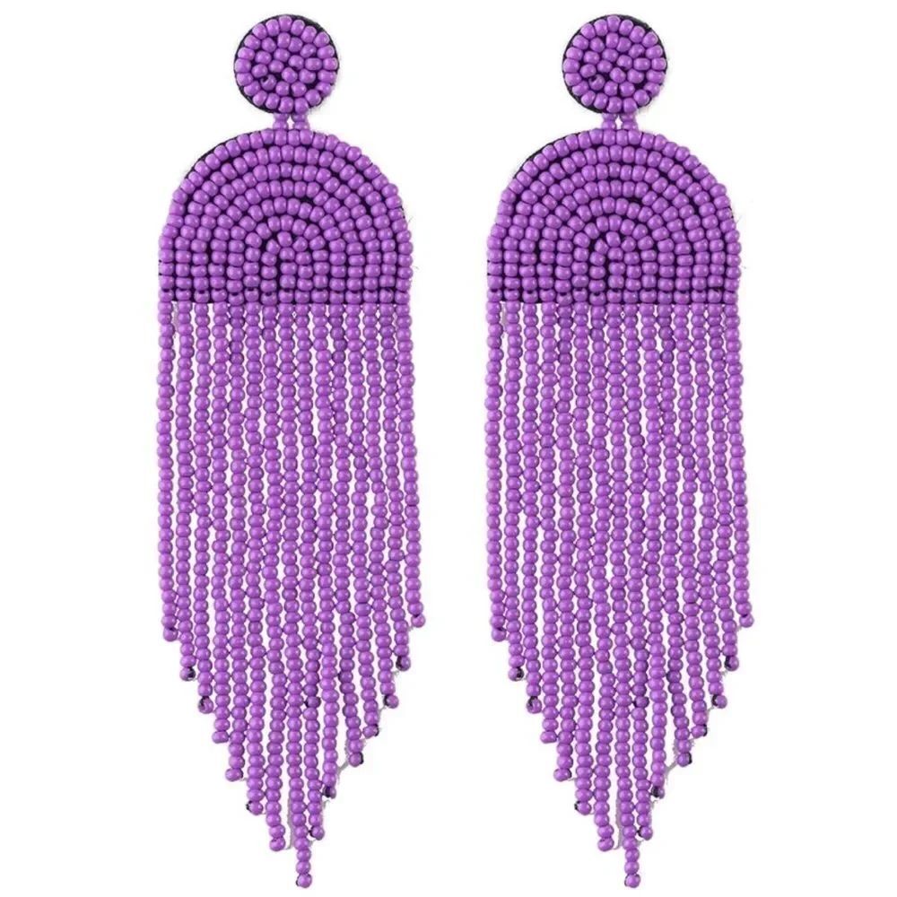 Long Boho Purple Beaded Tassel Fringe Dangling Drop Fan Chandelier Post Earrings
